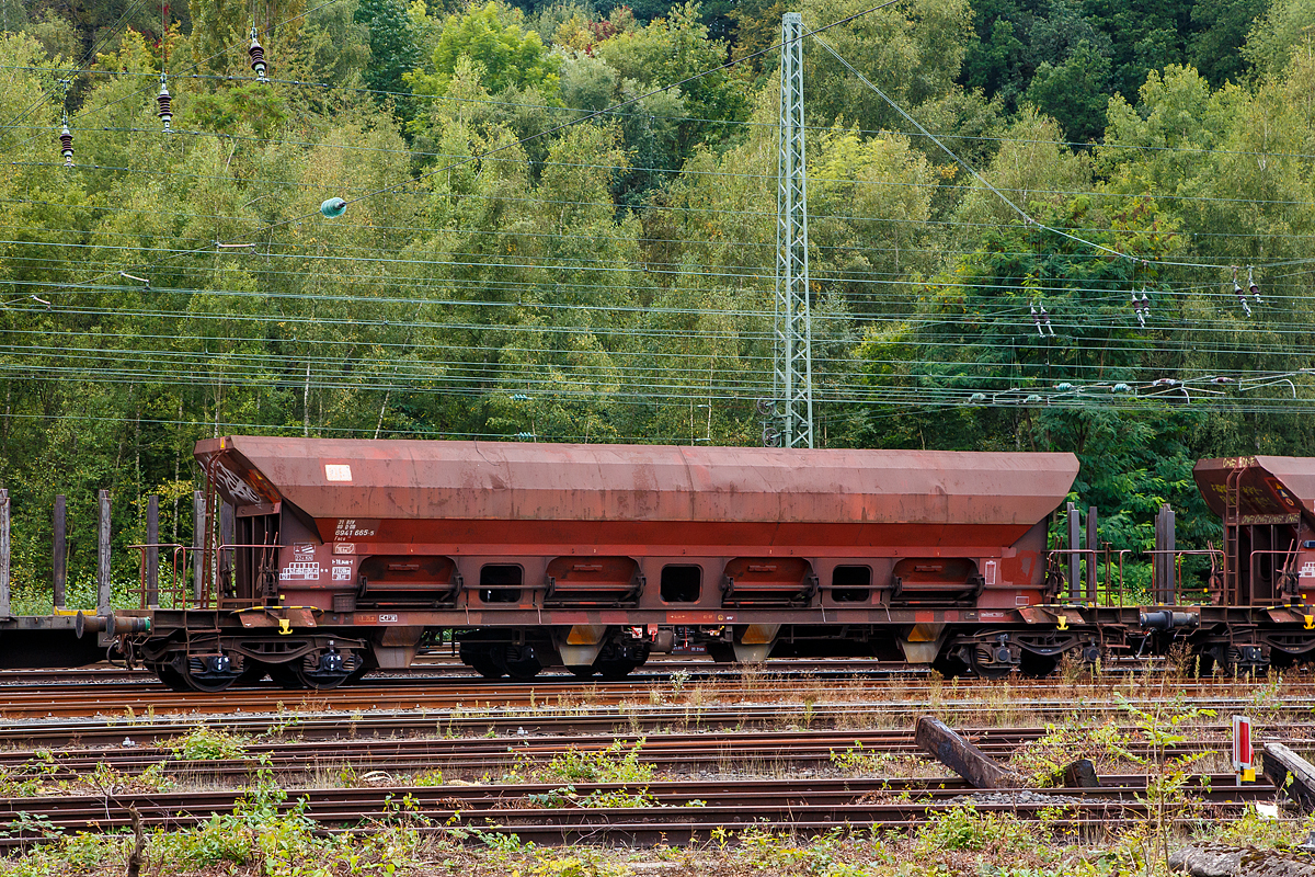 Offener Drehgestell-Schüttgutwagen mit dosierbarer Schwerkraftentladung und vier Radsätzen, 31 80 6941 665-5 D-DB, Gattung Facs 124, der DB Cargo Deutschland AG, abgestellt am 20.09.2021 in Betzdorf/Sieg.

Die DR (Deutsche Reichsbahn) ließ zwischen 1978 und 1980 bei ANF Industrie (Frankreich) über 1.450 vierachsige offene Selbstentladewagen mit vier Kammern bauen, die zunächst als Eads-y (5970) eingereiht werden. Bei der DB AG werden die Wagen 1994 in Facs 124 umgezeichnet.

Bei den offenen Selbstentladewagen hat der Laderaum die Form mehrerer nebeneinander stehender Trichter. Der Entladevorgang erfolgt über die Schwerkraft des Ladegutes.
Mehrere Auslauföffnungen mit Drehschiebern ermöglichen die restlose Entladung des Wagens nach der einen oder anderen Seite. Die Menge ist regulierbar - so wie es zum Beispiel für die Entladung über Förderband erforderlich ist. Geeignet sind die Wagen für den Transport nicht nässeempfindlicher Güter in loser Schüttung. Die Drehschieber über einer Einrichtung auf der Bühne an einer Stirnseite des Wagens können einzeln bedient werden.

Der Wagen ist für den Transport von Nässe unempfindlichen Schüttgütern vorgesehen.
Das Untergestell besteht aus miteinander verschweißten Blechen und Walzprofilen. Der Wagenkasten ist eine Schweißkonstruktion und besteht aus vier Trichtern. Querrippen teilen den Wagenkasten in vier Räume, von denen jeder an seinem Unterteil zwei Entladeöffnungen aufweist, die sich an beiden Seiten der horizontalen Mittellinie des Wagens befinden. Über jeder Entladeöffnung ist am Kastenblech eine Stütze für einen Vibrator angeschraubt.
Die acht kreisförmig ausgebildeten Wölbschieber sind auf Rollen gelagert und verschieben sich auf Laufbahnen, die außerhalb der Rinnen angebracht sind. Unter jeder Entladeöffnung sind eine feste und eine schwenkbare Auslaufrutsche angeordnet. Die schwenkbaren Auslaufrutschen werden einzeln durch einen Hebel betätigt, der in der Nähe der Rutsche angebracht ist. Die Betätigung der Wölbschieber erfolgt von der Bedienungsplattform aus.
Die Entladung des Wagens erfolgt nach Öffnen der Schieber durch die Schwerkraft des Ladegutes. Für den Zugang zur Bedienungsplattform sind zwei Auftritte mit Gitterrosten (500 x 160 mm) vorhanden.

Das Entfernen von Ladegutresten in der Be- oder Entladestraße ist nur durch leichte Gummihammerschläge auf die äußeren Behälterwandungen gestattet oder durch den Einsatz von Pressluftlanzen im Laderaum!

TECHNISCHE DATEN:
Hersteller: ANF Industrie (Frankreich)
Spurweite: 1.435 mm
Achsanzahl: 4 (in 2 Drehgestellen)
Länge über Puffer: 19.040 mm
Drehzapfenabstand: 14.000 mm
Achsabstand im Drehgestell: 1.800 mm
Größe der Beladeöffnung: 1.800 x 15.300 mm
Laderaum: 70 m³
Breite der festen Auslaufrutschen: 600 mm
Breite der schwenkbaren Auslaufrutschen: 476 mm
Wagenhöhe: 4.000 mm
Höchstgeschwindigkeit: 100 km/h (beladen) / 120 km/h (leer)
Maximales Ladegewicht: 56,0 t (ab Streckenklasse C)
Eigengewicht: 23.820 kg
Drehgestell-Bauart: Y 25 Cs – 639
Kleinster bef. Gleisbogenradius: 75 m
Bauart der Bremse: KE-GP
International Verwendung: RIV