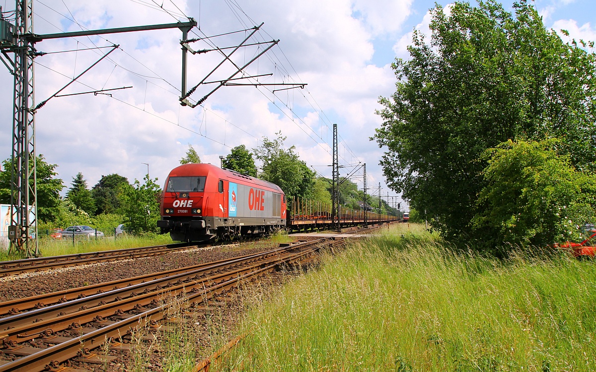 OHE 270081 oder 223 102-5 mit Laas Leerzug auf dem Weg nach Flensburg-Weiche zwecks Holzaufnahme. Schleswig 05.06.2014