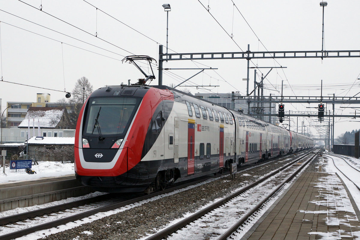 SBB: Bombardier  Twindexxdoppeltraktion  auf Testfahrt in Grenchen am 24. Januar 2017.
Foto: Walter Ruetsch