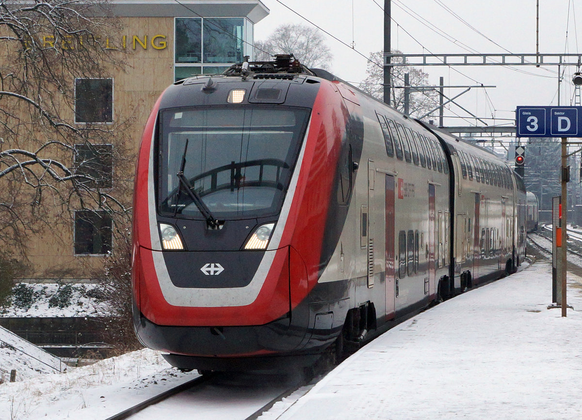 SBB: Bombardier  Twindexxdoppeltraktion  auf Testfahrt in Grenchen am 24. Januar 2017.
Foto: Walter Ruetsch