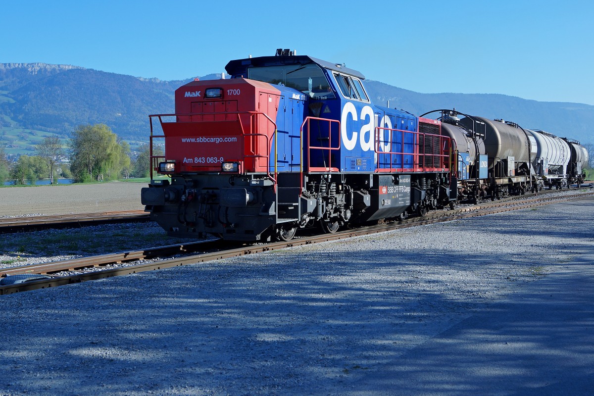 SBB: Güterzug mit Am 843 063-9 (MAK 1700) im Bernbiet am frühen Morgen des 22.4.2015.
Foto: Walter Ruetsch