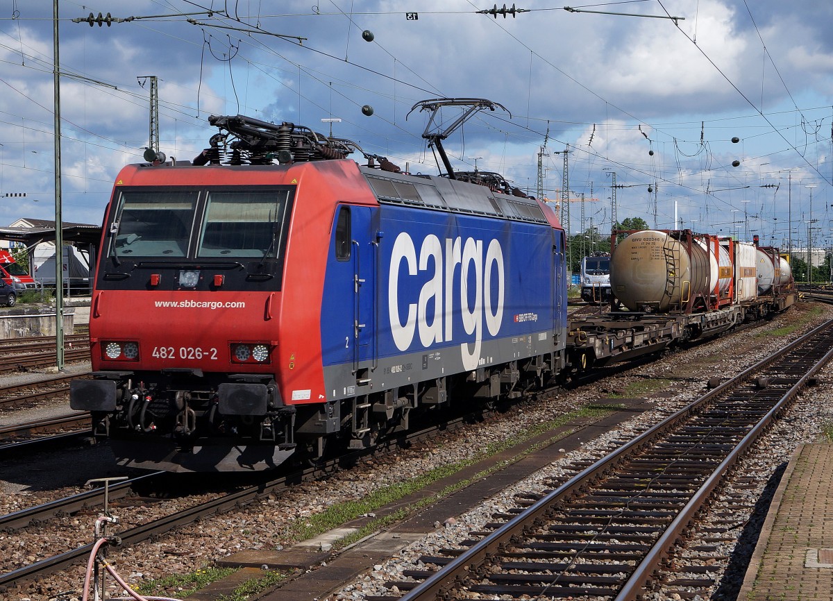 SBB: Güterzug mit Re 482 026-2 in Basel Badischer Bahnhof am 23. Juni 2015.
Foto: Walter Ruetsch 