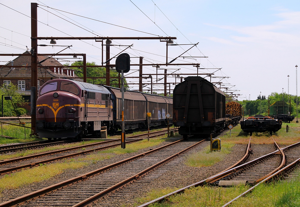 Sonntagsruhe in Dänemark...CFL Cargo Litra MX 1029 steht mit ihrem Spanplattenzug abgestellt im Pbf/Gbf Bereich, der Zug konnte nicht fahren da wegen Bauarbeiten die Strecke gesperrt war. Padborg 18.05.14