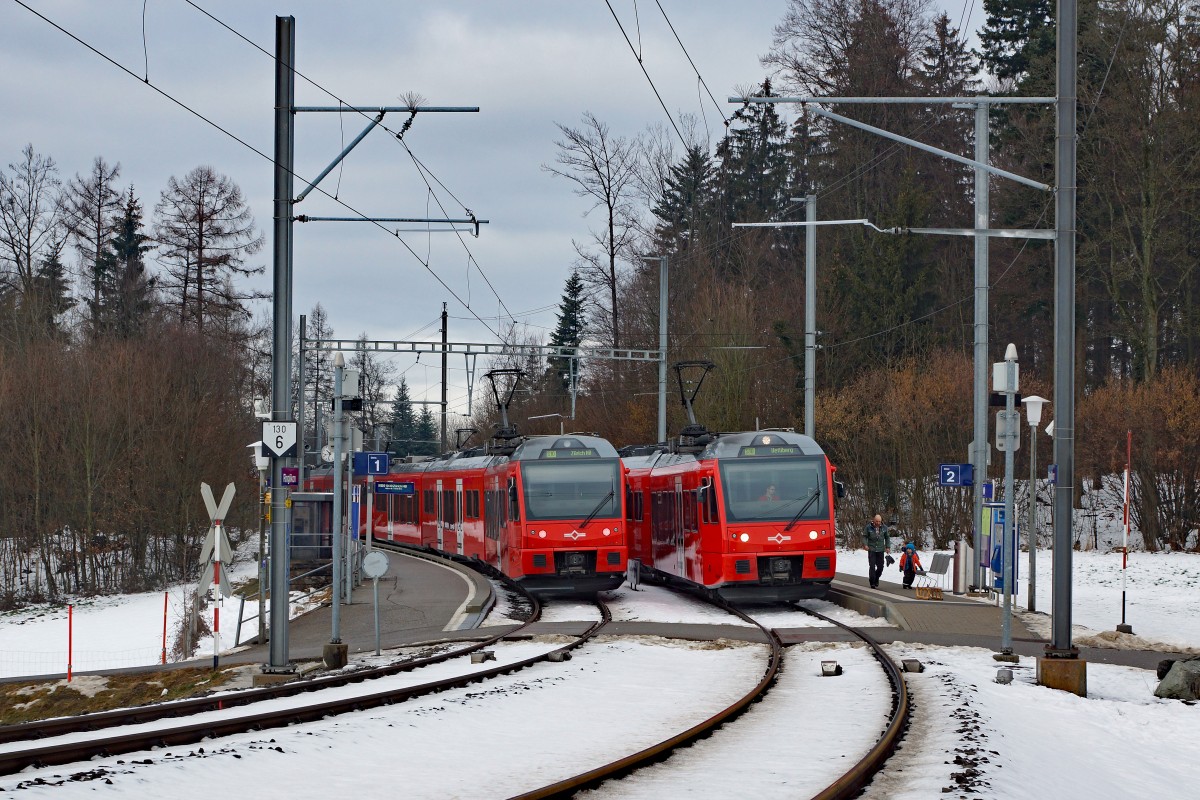 SZU: Ab Z�rich HB verkehren die Z�ge der SZU als S 4 nach Langnau Gattikon und Sihlwald sowie als S 10 auf den Uetliberg. Zugskreuzung der S 10 in Ringlikon am 23. Januar 2016.
Foto: Walter Ruetsch 