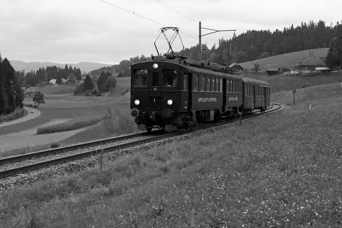 VHE/ Verein Historische Eisenbahn Emmental:
Anlässlich der Huttwiler Dampftage 2016 fand am 1. Oktober ein interessantes Triebwagentreffen statt.
Eurovapor BDe 3/4 43, ehemals BT, mit einem Sonderzug auf der Museumsstrecke Sumiswald-Huttwil.
Foto: Walter Ruetsch