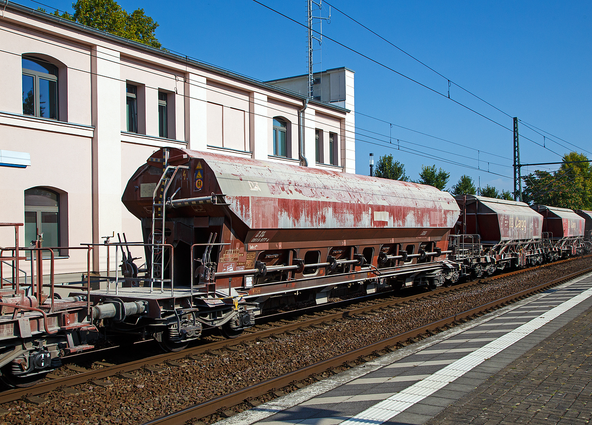 Vierachsiger gedeckter Drehgestell-Schüttgutwagen mit dosierbarer Schwerkraftentladung, 31 80 0819 877-8 D-DB, der Gattung Tads-z 957.4 der DB Cargo am 19.09.2018 im Zugverband bei der Durchfahrt im Hauptbahnhof Brandenburg an der Havel.

Die belgische Waggonfabrik La Brugeoise und die französische Waggonfabrik Arbel Douai bauen 1985/86 im Auftrag der DR 500 vierachsige Selbstentladewagen Tadgs-y. Ab 1992 werden einige wegen schadhafter Innenbeschichtung nicht mehr im Lebensmittelverkehr einsetzbare Wagen in Tads-y umgezeichnet.  Ab 2012 werden einige Tads zu Tads-z umgezeichnet.

Diese Wagen sind hervorragend geeignet für den Transport von witterungsempfindlichen Schüttgütern. Sie besitzen eine gleisseitige, dosierbare Entladeeinrichtung. Ein Innenanstrich erhöht bei den meisten der Fahrzeuge den Gebrauchswert, insbesondere durch den Schutz vor Verunreinigungen, Möglichkeiten des Transportes von Lebensmitteln, günstigeres Entladeverhalten (Rutschverhalten) bei schwer fließenden Gütern sowie durch verbesserten Korrosionsschutz bei aggressiven Ladegütern.

Die Wagen eignen sich für den Transport von nässeempfindlichen Schüttgütern aller Art, wie z. B. Salze und Düngemittel. Korngrößen ( 0,1 mm können ohne Rieselverluste transportiert werden. Wagenkasten, Wölbschieber, Rutschen und das Dach sind aus korrosionsträgem Stahl gefertigt. Der trichterförmige Wagenkasten besteht aus vier Trichtern und ist als Schweißkonstruktion ausgeführt. Die Trichter sind durch Querwände getrennt und im oberen Teil durch Öffnungen versehen. Die Stirnwände sind mit Versteifungen versehen und durch Längstragstützen mit dem Untergestell verbunden.

Die Entleerung des Wagens erfolgt gleichzeitig nach beiden Wagenseiten über acht einzeln bedienbare Wölbschieber. Die Wölbschieber sind lösbar angeordnet und leicht austauschbar.
Der Wagen ist mit einem einschaligen Hubschwenkdach ausgerüstet. Das Dach wird vor dem Schwenken um etwa 60 mm angehoben und dann seitlich abgeschwenkt, wobei die gesamte Breite der Beladeöffnung freigegeben wird. Im geschlossenen Zustand ist das Dach gegen unbeabsichtigtes Verschwenken gesichert. Ein Verschieben des Wagens mit geöffnetem Dach ist nicht zulässig.

TECHNISCHE DATEN:
Spurweite: 1.435 mm
Achsanzahl: 4 (in 2 Drehgestelle)
Länge über Puffer: 49.040 mm
Drehzapfenabstand: 14.000 mm
Achsabstand im Drehgestell: 1.800 mm
Laufraddurchmesser: 920 mm (neu)
Wagenhöhe: 4.286 mm
Größe der Beladeöffnung Länge x Breite: 14.614 x 1.200 mm
Laderaum: 82,5 m³
Eigengewicht: 26.450 kg
Höchstgeschwindigkeit: 100 km/h (beladen) / 120 km/h (leer)
Maximales Ladegewicht: 53,5 t (Streckenklasse C oder höher)
Kleinster bef. Gleisbogenradius: 75 m
Bauart der Bremse: KE-GP
Intern. Verwendungsfähigkeit: RIV

