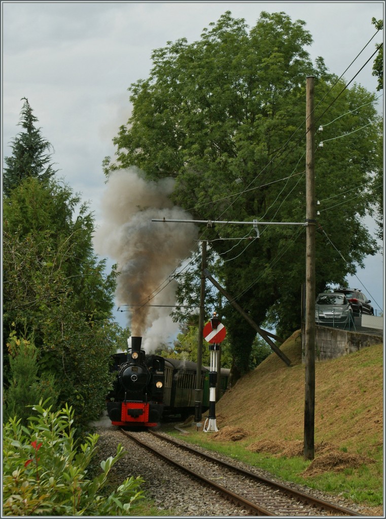 Von der bekannten Stelle heute ein Bild mit der B-C G 2x2/2 bei der Bergfahrt am Einfahrsignal von Blonay (B-C). 
8. Sept. 2013