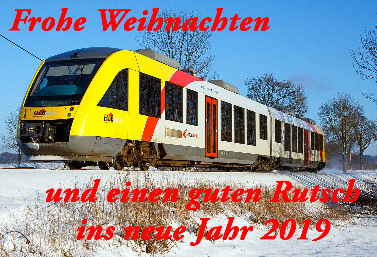 
Zudem wünsche ich Euch Gesundheit und ein erfolgreiches Jahr 2019, auf das alle Eure Wünsche in Erfüllung gehen.

Zum Bild:
Der VT 261 (95 80 0648 161-7 D-HEB / 95 80 0648 661-6 D-HEB) ein Alstom Coradia LINT 41 der HLB (Hessische Landesbahn), ex vectus VT 261 am 17.01.2017, RB 90  Westerwald-Sieg-Bahn  (Westerburg - Altenkirchen - Au/Sieg - Siegen), Umlauf RB 61730, von Hachenburg weiter in Richtung Altenkirchen. Er befährt die Oberwesterwaldbahn (KBS 461) zwischen Hachenburg und Ingelbach. 
