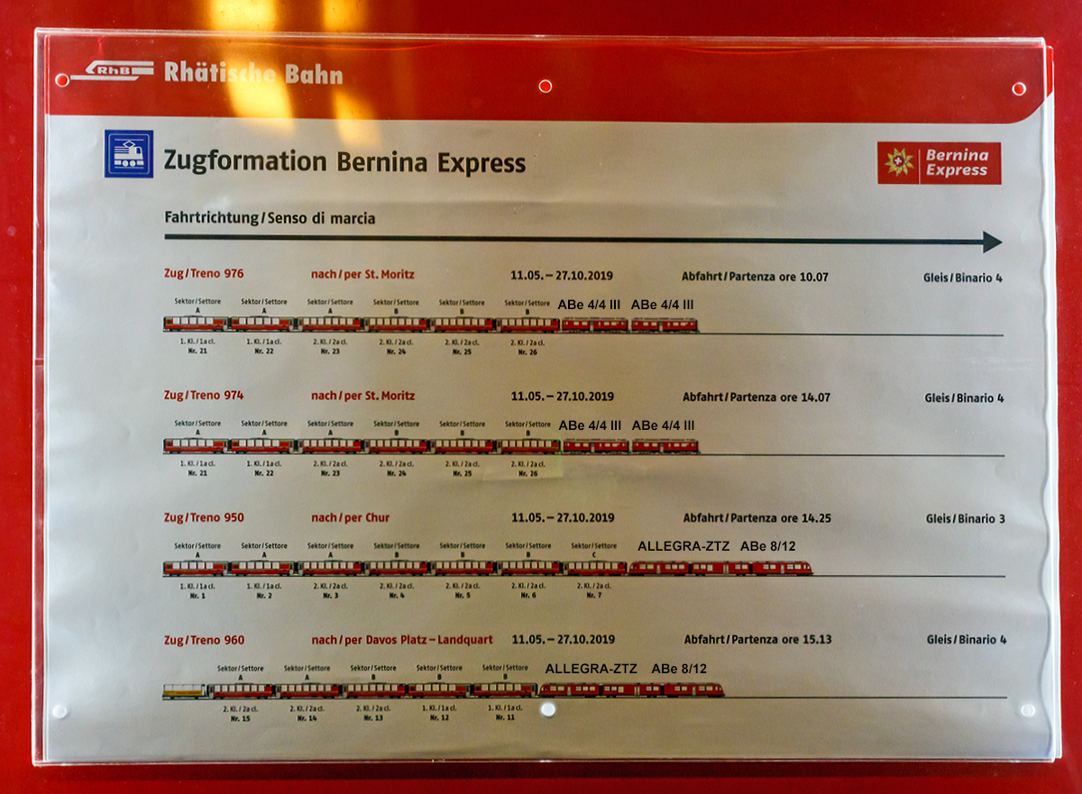 
Zuginformationstafel zum Bernina Express von Tirano (Sommerfahrplan vom 11.05. bis 27.10.2019), gesehen am 03.11.1019 im Bahnhof Tirano. Die Triebwagenbezeichnungen habe ich in Bild eingefügt.