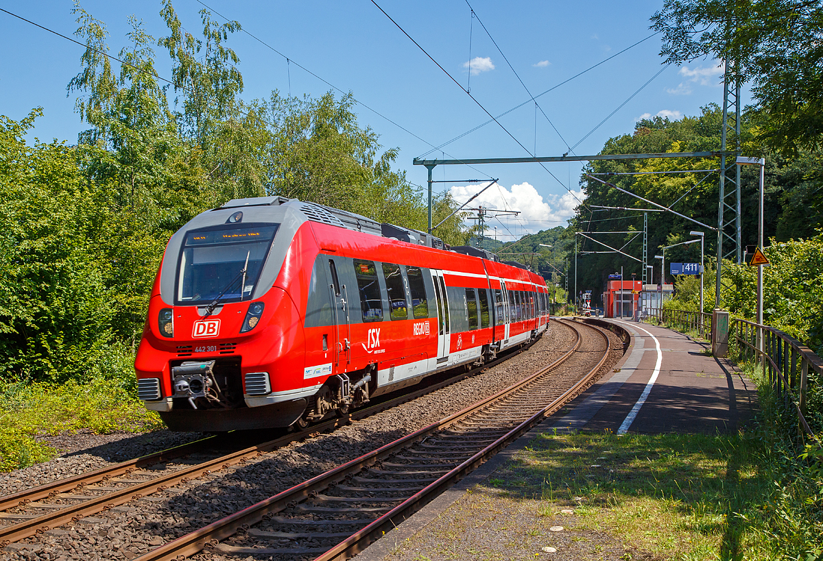 Zwei gekoppelte Bombardier Talent 2 der DB Regio NRW durchfahren, als RE 9 - Rhein Sieg Express (RSX) Siegen - K�ln - Aachen, am 15.07.2018 Scheuerfeld (Sieg).