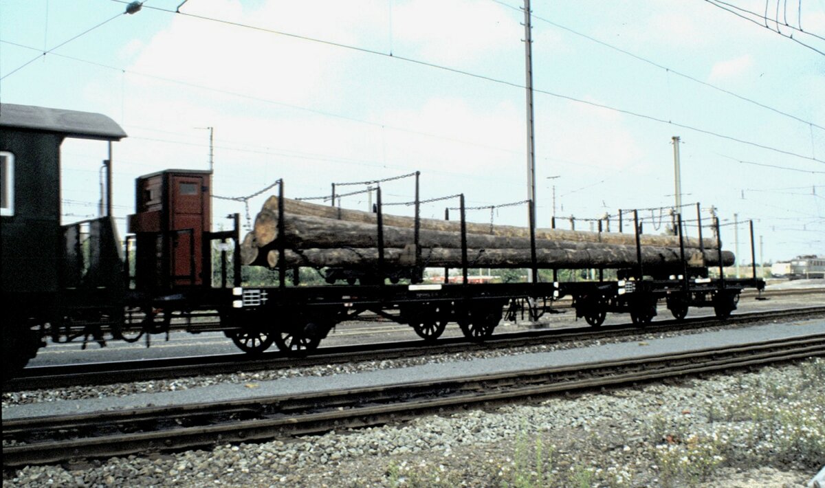 Zweiteiliger Langholzwagen mit Steifkupplung, beladen mit Baumstämmen, gezogen von Zuckersusi 98 727 bei der Parade 150 Jahre Deutsche Eisenbahn in Nürnberg am 1.09.1985.