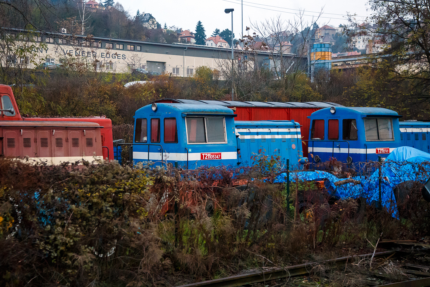 Aus dem Zug heraus und leider etwas verdeckt.....
Die ex ČSD T 211.05347 und einige weitere ex ČSD T 211.0 (spätere ČD BR 700) mit dem Spitznamen Prasátko (Schwein), stehen am 24.11.2022 bei Praha-Smichov. 

Die ČSD-Baureihe T 211.0 (ab 1988: Baureihe 700) waren zweiachsige dieselmechanische Rangierlokomotiven der Tschechoslowakischen Staatsbahn ČSD. Neben dem Bau von Dampflokomotiven wurde ab 1953 bei ČKD diese Lokomotive konstruiert, und im Jahr 1956 wurde ein Prototyp an die ČSD geliefert. Das Aussehen dieser einfachen Konstruktion, die leichte Bedienung und die Instandhaltung überzeugten, und so wurden von 1957 bis 1961 in verschiedenen Werken insgesamt 835 Exemplare produziert.

Diese kleine Lokomotive wurde für den leichten Dienst (leichter Rangierdienst, Verschub in Depots) sowie als leichte Werklokomotive verwendet. Als Leistungsquelle wurde der LKW-Dieselmotor Tatra 111 A gewählt, die Leistungsübertragung besorgte das bei den Loks M 131.1 bewährte Mylius-Getriebe.

Außer für die ČSD wurde diese Lokomotive für verschiedene Betriebe und in den Export (DDR, China, Bulgarien, Ägypten, UdSSR, Polen, Rumänien, Albanien, Irak, Indien und Ungarn) in den verschiedensten Ausführungen geliefert.

Innerhalb dieser Baureihe gab es einige Abweichungen sowohl im Aussehen als auch in einigen technischen Details. So befinden sich bei einem Teil der Lokomotiven die Türen an der Seite des Führerhauses, bei der Mehrzahl ist der Einstieg von hinten. Alle Aufbauten der Lokomotive wurden konstruktiv so gestaltet, dass sie für verschiedene Spurweiten von 600 mm bis 1.676 mm verwendet werden konnten.

Ein Großteil der Lokomotiven erhielt später neue Motoren mit 147 kW Leistung. Diese Rekonstruktion führte zur Einreihung in die Baureihe T 211.1. Die Lokomotiven mit Originalmotor wurden 1988 in die Baureihe 700, die rekonstruierten Maschinen in die Reihe 701 umgenummert.

TECHNISCHE DATEN:
Gebaute Anzahl: 835
Hersteller: 	ČKD u. a.
Baujahre: 1953 bis 1961
Achsformel: B
Spurweite: 	1.435 mm (Normalspur)
Länge über Puffer:  7.240 mm
Dienstgewicht: 22,0 t
Höchstgeschwindigkeit: 40 km/h
Installierte Leistung:  121 kW
Anfahrzugkraft: 57 kN
Leistungskennziffer: 6,68 kW/t
Motorentyp: 14,8 Liter luftgekühltem 12-Zylinder Dieselmotor vom Typ Tatra 111 A
Leistungsübertragung: mechanisch

