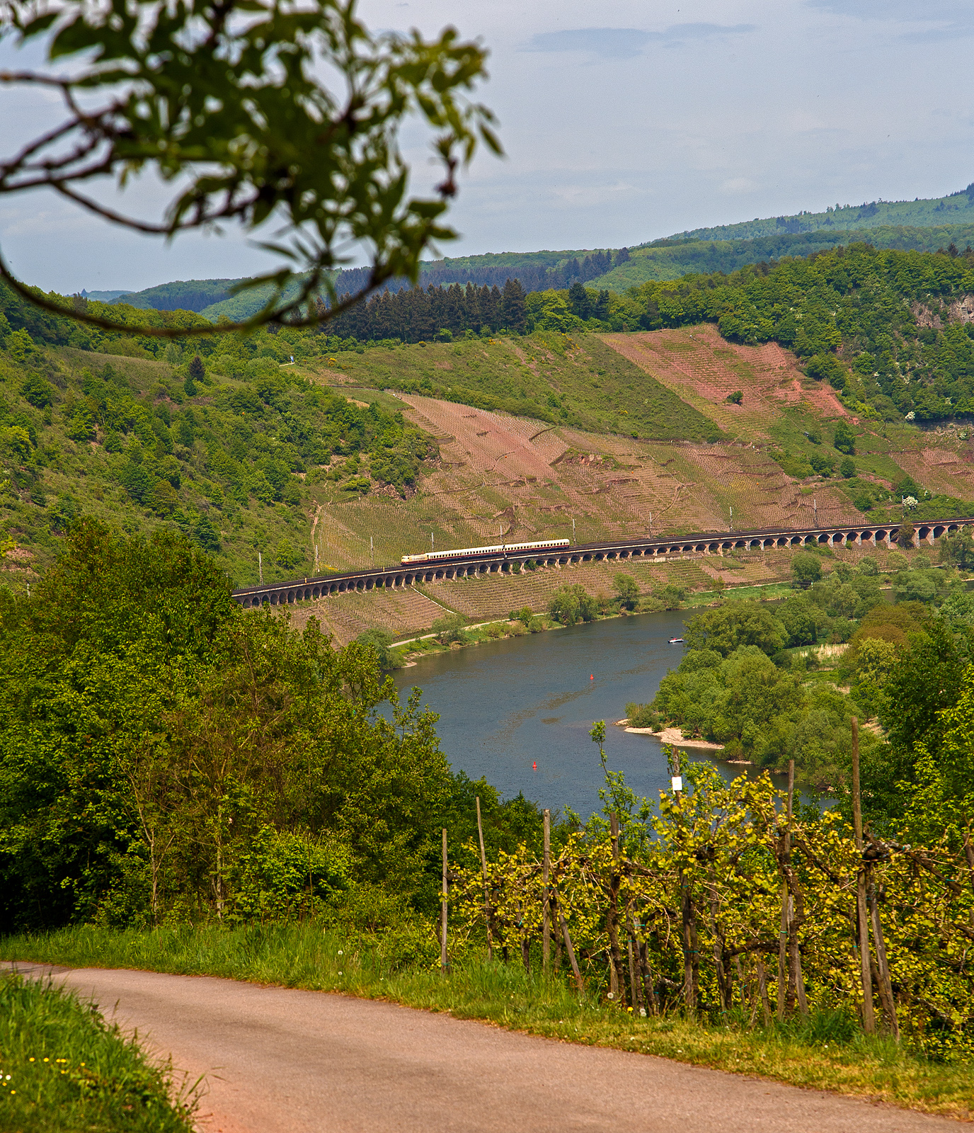 Dampfspektakel 2018 - Die 103 113-7 (91 80 6103 113-7 D-DB) vom DB-Museums in Koblenz fährt am 29.04.2018, mit ihrem kurzem TEE (Trans Europ Express) Koblenz - Wittlich - Trier, auf dem Pündericher Hangviadukt in Richtung Trier.

Der 786 m lange Pündericher Hangviadukt auf der Moselstrecke gegenüber von Pünderich an der Mosel ist der längste Hangviadukt in Deutschland. Unmittelbar am nördlichen Ende des Viaduktes beginnt der Prinzenkopftunnel (hier rechts im Bild). Der Hangviadukt ist etwa zehn Meter hoch und weist 92 Bögen auf. Jeder der Bögen hat eine lichte Weite von 7,20 m, die Pfeiler sind 1,30 m stark. Die Brücke besteht aus Bruchsteinen aus einem nahegelegenen Steinbruch und Ziegelsteinen, die von Ziegeleien aus Merl und St. Wendel geliefert wurden. Insgesamt wurden 19.000 m3 Mauerwerk verbaut.
