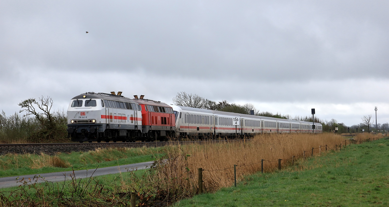 DB 218 341-6 + 218 839-9 mit dem IC 2214/2216 nach Westerland/Dagebüll aufgenommen in Südermarsch bei Husum. 20.04.2025