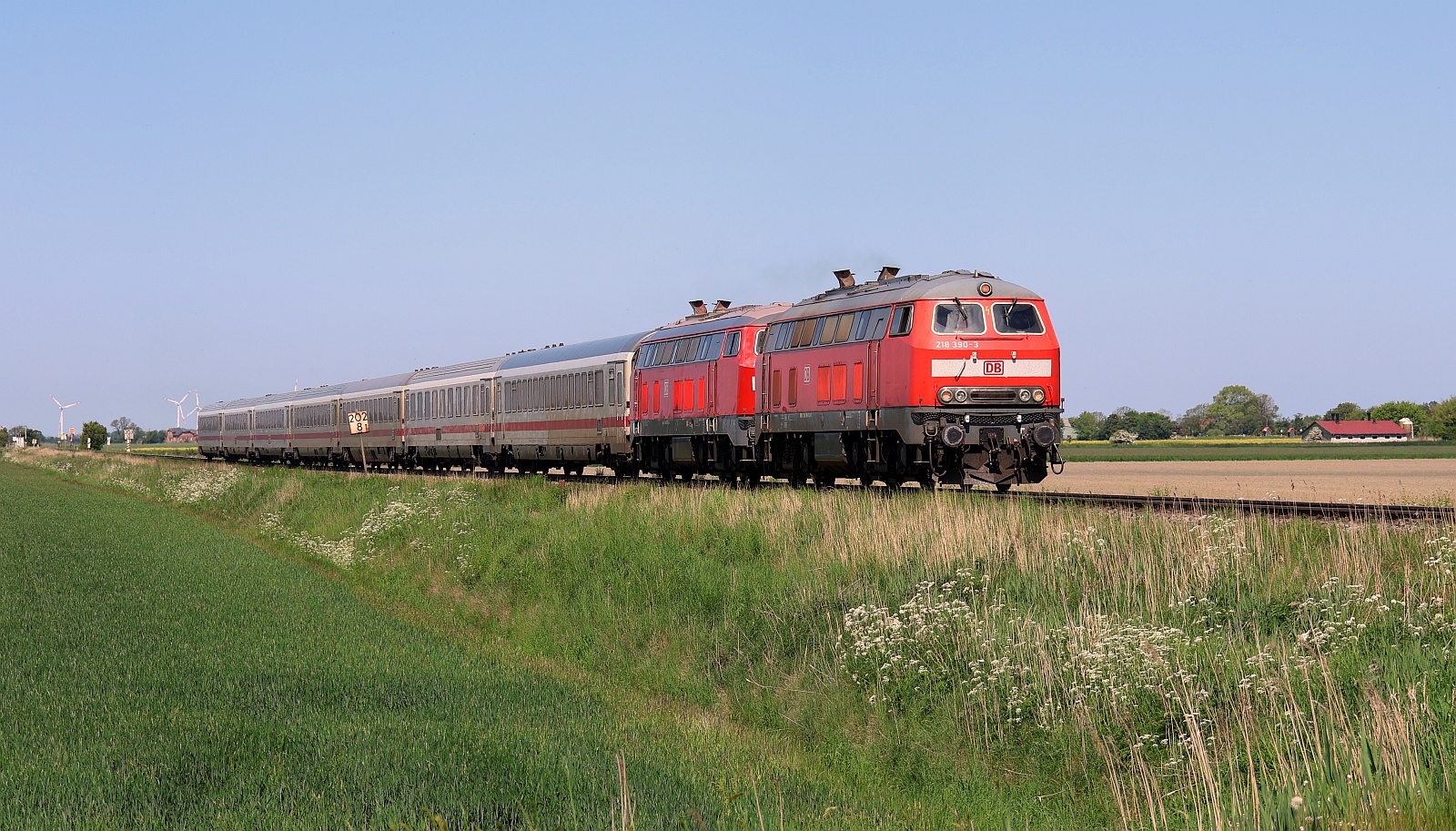 DB 218 390-3 + 218 835-7 mit IC 2375 aufgenommen zw Lehnshallig und Niebüll. Bü Triangel 18.05.2025