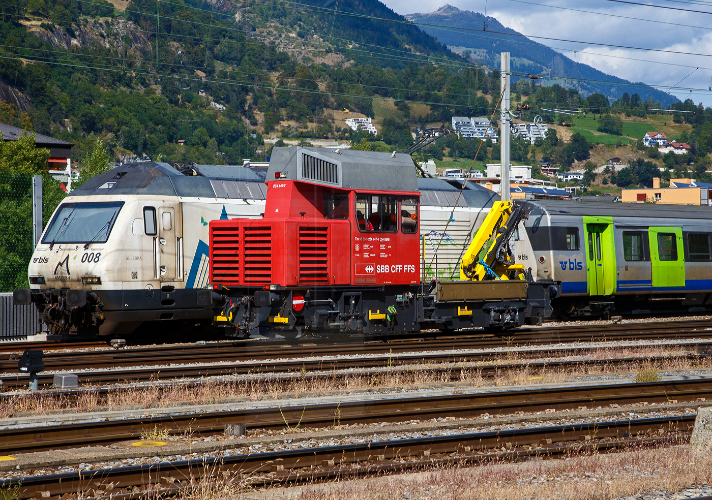 Der Bautraktor bzw. das Baudienstfahrzeug Tm 234 147-7 (Tm 98 85 5 234 147-7 CH-SBBI) der SBB Infrastruktur fährt am 07 September 2021 durch den Bahnhof Brig zum Depot, aufgenommen aus einem Zug heraus. Dahinter die BLS Werbelok Re 465 008-1  Allegra , ex  Niederhorn  (91 85 4465 008-1 CH-BLS) mit Werbung Patenschaft für Berggemeinden.

Der Tm 234 «Ameise» ist ein zweiachsiger Bautraktor der Schweizerischen Bundesbahnen (SBB) und einiger Privatbahnen. Er wurde ab 1997 vom Konsortium Stadler Rail / Bombardier Transportation / Winpro / ADtranz hergestellt. Die letzte Serie wurde von der Stadler Winterthur AG (ehemals Winpro AG) gebaut und 2007 ausgeliefert. Insgesamt wurden ein Prototyp und 132 Serienfahrzeuge gebaut. 

Technik:
Der Hauptmotor ein 12-Zylinder-MTU-Dieselmotor entwickelt eine Leistung von 550 kW, welche er über ein Hydrostatiksystem auf vier Fahrmotoren abgibt. Für die Arbeiten an den Bahnanlagen besitzt er einen Ladekran (Palfinger PK9001). Die maximale Anfahrzugkraft liegt bei 81 kN. Der Traktor kann über eine Funkfernbedienung rangiert werden ( Arbeitsbetrieb ). Es gibt drei verschiedene Betriebsarten: Streckenbetrieb (Höchstgeschwindigkeit 80 km/h); Arbeitsbetrieb (ca. 27 km/h); Kranbetrieb (ca. 5 km/h). Die maximale Zuladung von Material auf der Ladebrücke beträgt 7 Tonnen. Zur Unterstützung und Beleuchtung ist eine Notstromgruppe mit einer Leistung von 15 kW montiert. 

Sämtliche Traktoren sind mit einem Schraubenkompressor mit einer Fördermenge von 800 l/min bei einem maximalen Druck von 10 bar ausgerüstet. Serienmäßig sind die Traktoren mit der Zugsicherung Integra-Signum ausgerüstet und wurden alle mit Euro-Signum nachgerüstet. Einzelne Exemplare wurden jedoch auf ZUB 262ct (mit ETM) oder ETCS umgerüstet.