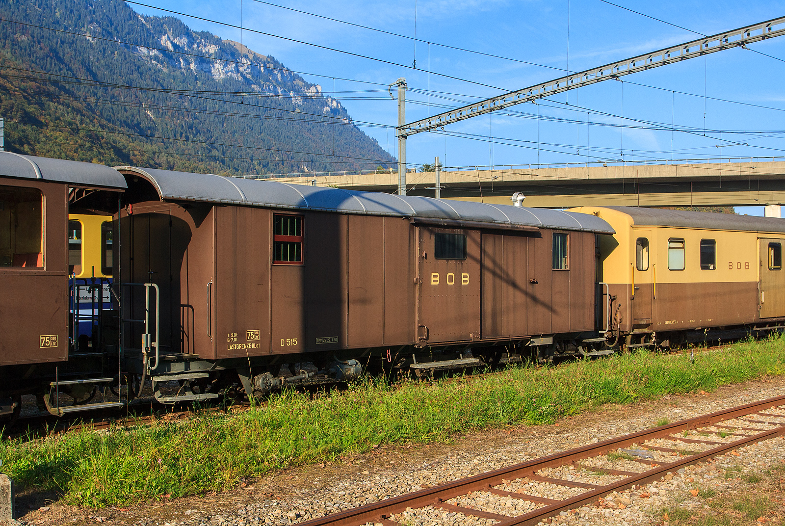 Der schmalspurige vierachsige Gep�ckwagen BOB D 515 mit zwei Plattformen, abgestellt am 02.10.2011 beim Bahnhof Interlaken Ost.

TECHNISCH DATEN:
Spurweite: 1.000 mm
Anzahl der Achsen 4
Eigengewicht: 9 t
Max. Ladegewicht: 10 t
Zul. H�chstgeschwindigkeit: 75 km/h
Zugelassen f�r Netz der: Br�nig, BOB und LSE
