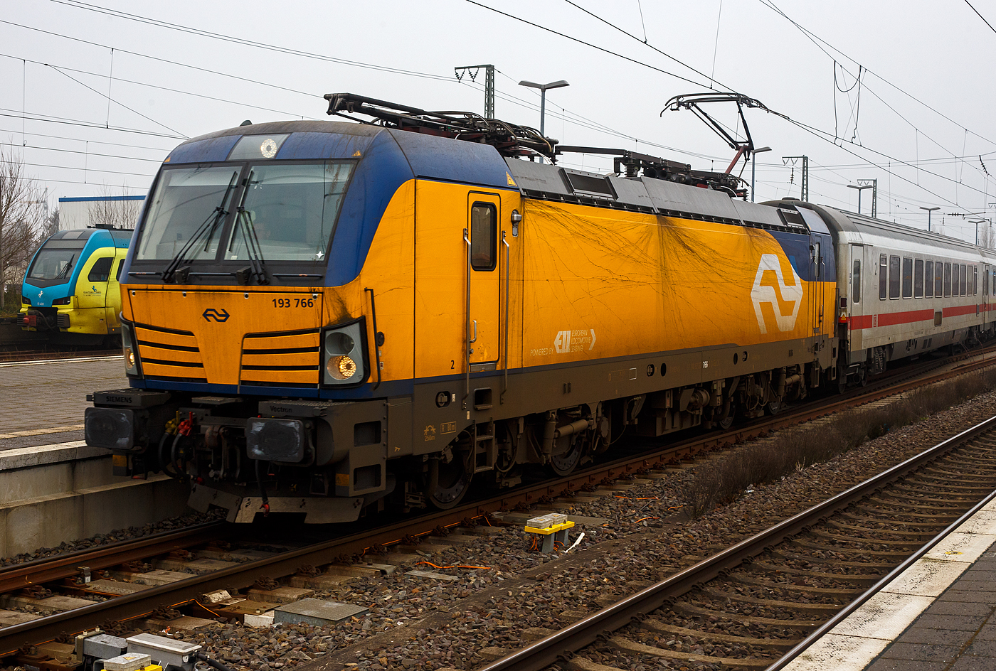 Die an die NS - Nederlandse Spoorwegen N.V. (Niederl�ndische Eisenbahnen AG) vermietete Siemens Vectron MS 193 766 (91 80 6193 766-3 D-ELOC) der ELL - European Locomotive Leasing (Wien) f�hrt am 21 Januar 2025, mit dem IC 146 (Berlin Ostbahnhof - Berlin Hbf - Hannover Hbf - Bad Bentheim – Deventer - Amsterdam Centraal), in den Bahnhof Rheine ein. Warum der IC nicht als EC gewertet wird ist mir nicht ganz klar. 

Die Siemens Vectron MS wurde 2019 von Siemens Mobilitiy in M�nchen-Allach unter der Fabriknummer 22721 gebaut und an die ELL geliefert.
