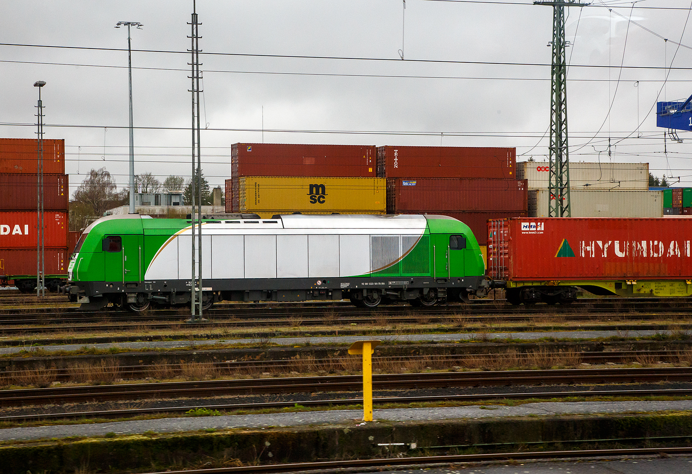 Die ER 20-02 alias 223 101-7 (92 80 1223 101-7 D-SRA) der Salzburger Eisenbahn TransportLogistik GmbH steht am 17.04.2023 mit einem Containerzug beim  Container Terminal Hof (CTH). Innerhalb des Netzwerks der Contargo Combitrac GmbH stellt das Containerterminal in Hof das „Tor zum Osten“ dar. Dank der günstigen geografischen Lage können von Hof aus sowohl Süd- und Mitteldeutschland, als auch Tschechien und Polen innerhalb kurzer Zeit erreicht werden.

Die Siemens ER 20 der Variante BF wurde 2007 von Siemens in München unter der Fabriknummer 21156 gebaut und als OHE 270080 an die Osthannoversche Eisenbahnen AG in Celle geliefert. Von 2012 bis 2017 lief sie dann als 2700 80 für OHE Cargo GmbH (92 80 1223 101-7 D-OHEGO, im März 2017 wurde sie dann an die Salzburger Eisenbahn TransportLogistik GmbH verkauft.

Die  Hercules   hat die Zulassung für Deutschland, Österreich und Tschechien.

TECHNISCHE DATEN:
Spurweite: 1.435 mm
Achsfolge: Bo'Bo'
Länge über Puffer 19.275 mm
Breite: 2.870 mm
Drehzapfenabstand: 10.362 mm
Achsabstand im Drehgestell: 2.700 mm
Treibraddurchmesser: 1.100 mm (neu) / 1.020 mm (abgenutzt)
Dieselmotor: 16-Zylinder-Dieselmotor mit Common-Rail-Einspritzung, zwei Turbolader und Ladeluftkühlung vom Typ 16 V 4000 R41
Leistung: 2.000 kW
Nenndrehzahl: 600 - 1.800 U/min
Leistungsübertragung:  dieselelektrisch
Höchstgeschwindigkeit: 140 km/h
Leergewicht: 80 t
Kleinster bef. Halbmesser: 100 m
Zugheizung: 400 kW
Anfahrzugkraft: 235 kN
Tankinhalt bei Variante BF: 4.000 Liter (BU 2.500 Liter)