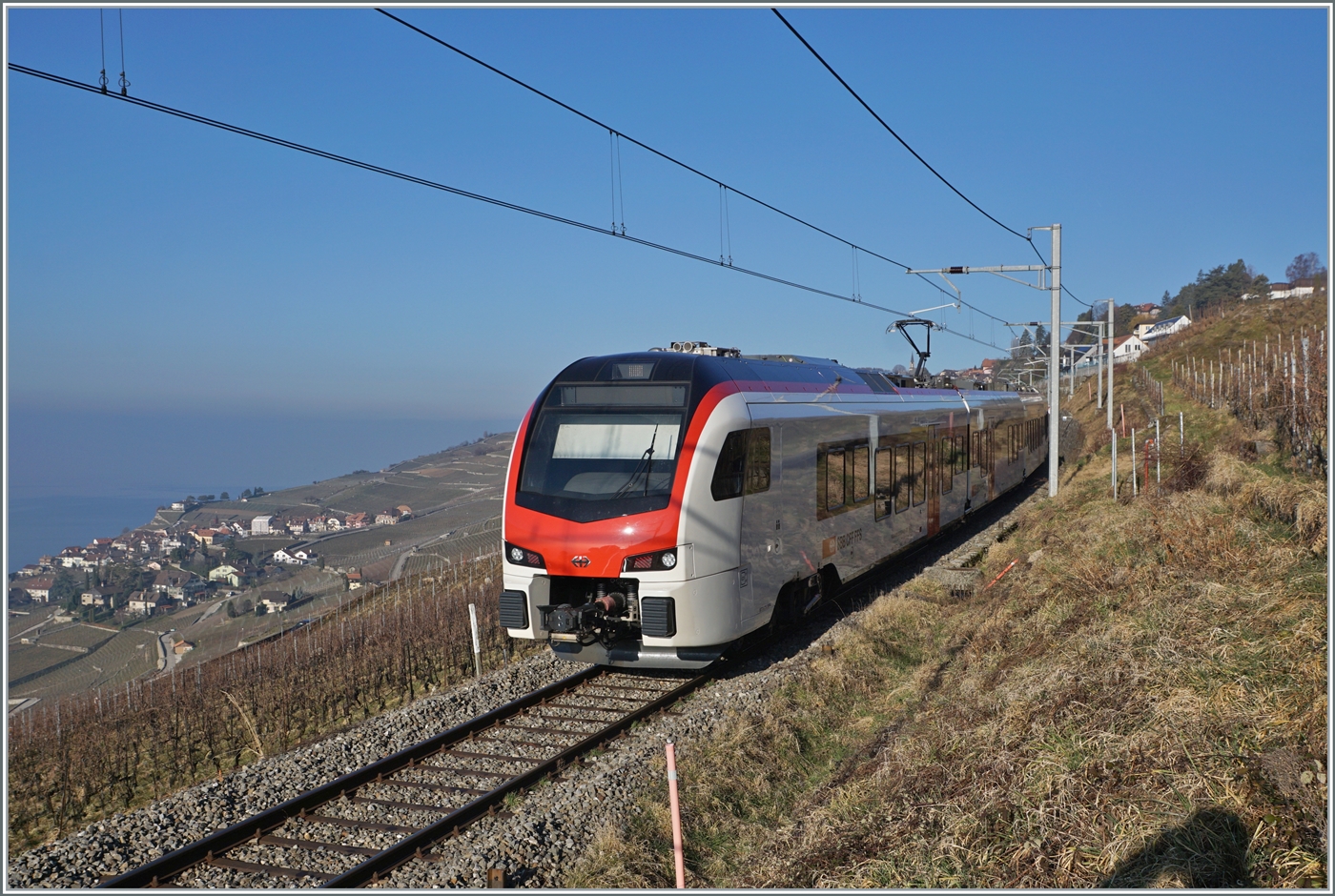  Fernverkehr  auf der Train de Vignes Strecke: der für den Fernverkehr beschaffte SBB Flirt3 RABe 523 503  Mouette  (RABe 94 85 0 523 503-6 CH-SBB) ist als S7 auf der Train de Vignes Strecke zwischen Vevey und Puidoux kurz vor Chexbres.

15. Februar 2023