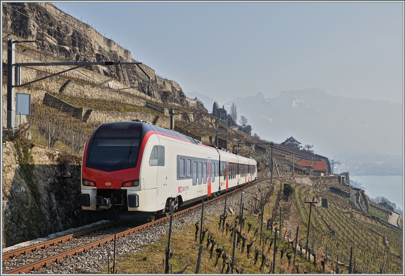  Fernverkehr  auf der Train de Vignes Strecke: der für den Fernverkehr beschaffte SBB Flirt3 RABe 523 503  Mouette  (RABe 94 85 0 523 503-6 CH-SBB) ist als S7 auf der Train de Vignes Strecke zwischen Vevey und Puidoux oberhalb von St-Saphorin unterwegs. 

11. Februar 2023