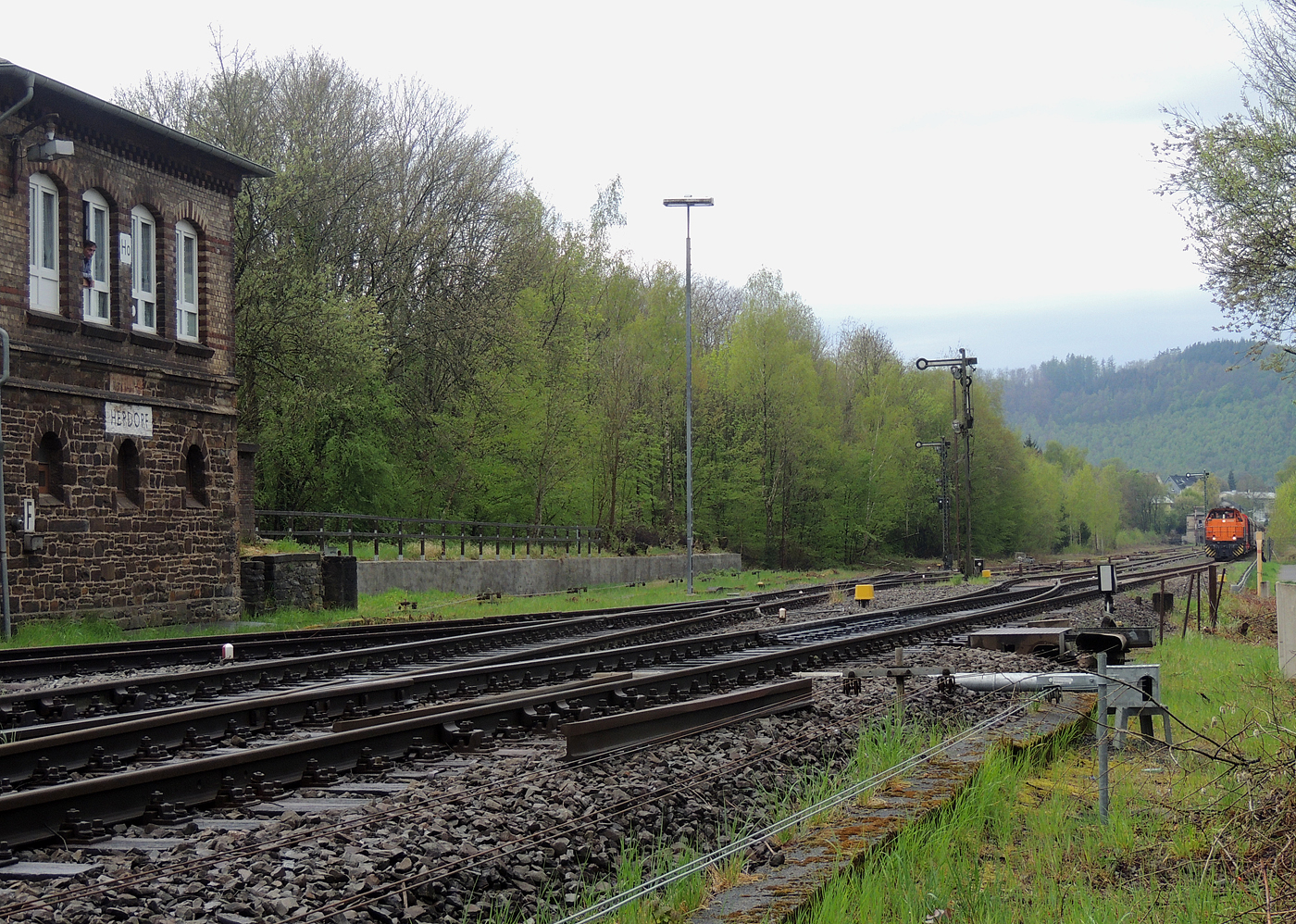 Hochbetrieb in Herdorf am 23 April 2025: 
Durch die vergangenen Osterfeiertage braucht es wohl wieder Nachschub. Die KSW (Kreisbahn Siegen-Wittgenstein) kommt im Sandwich mit einem sehr langen und somit schweren Coilzug, von via Betzdorf/Sieg kommend in Herdorf an. Gleich drauf geht es auf den KSW-Rangierbahnhof (Betriebsstätte FGE - Freien Grunder Eisenbahn). Übrigens die neuen m²-Güterwagen/Tragwagen der Gattung Uas 224.2 für Coiltransporte der DB Cargo AG sind hier immer mehr anzutreffen.

Vorne als Zuglok die KSW 44 (92 80 1271 004-4 D-KSW) eine MaK G 1000 BB und hinten nachschiebend die KSW 47 (92 80 1271 027-5 D-KSW), ex D 2 der HFM, eine Vossloh G 1000 BB.

Im Rbf wird der Zug geteilt, da er für die Weiterfahrt sonst zu lang wäre, und die KSW 44 zieht den ersten Teil weiter zu den Schäfer Werke KG am Pfannenberg in Neunkirchen-Salchendorf. 

Später kam dann noch die KSW 43 (92 80 1273 018-2 D-KSW), die asymmetrische Vossloh G 2000 BB, mit einem langen Coilzug von Duisburg an.