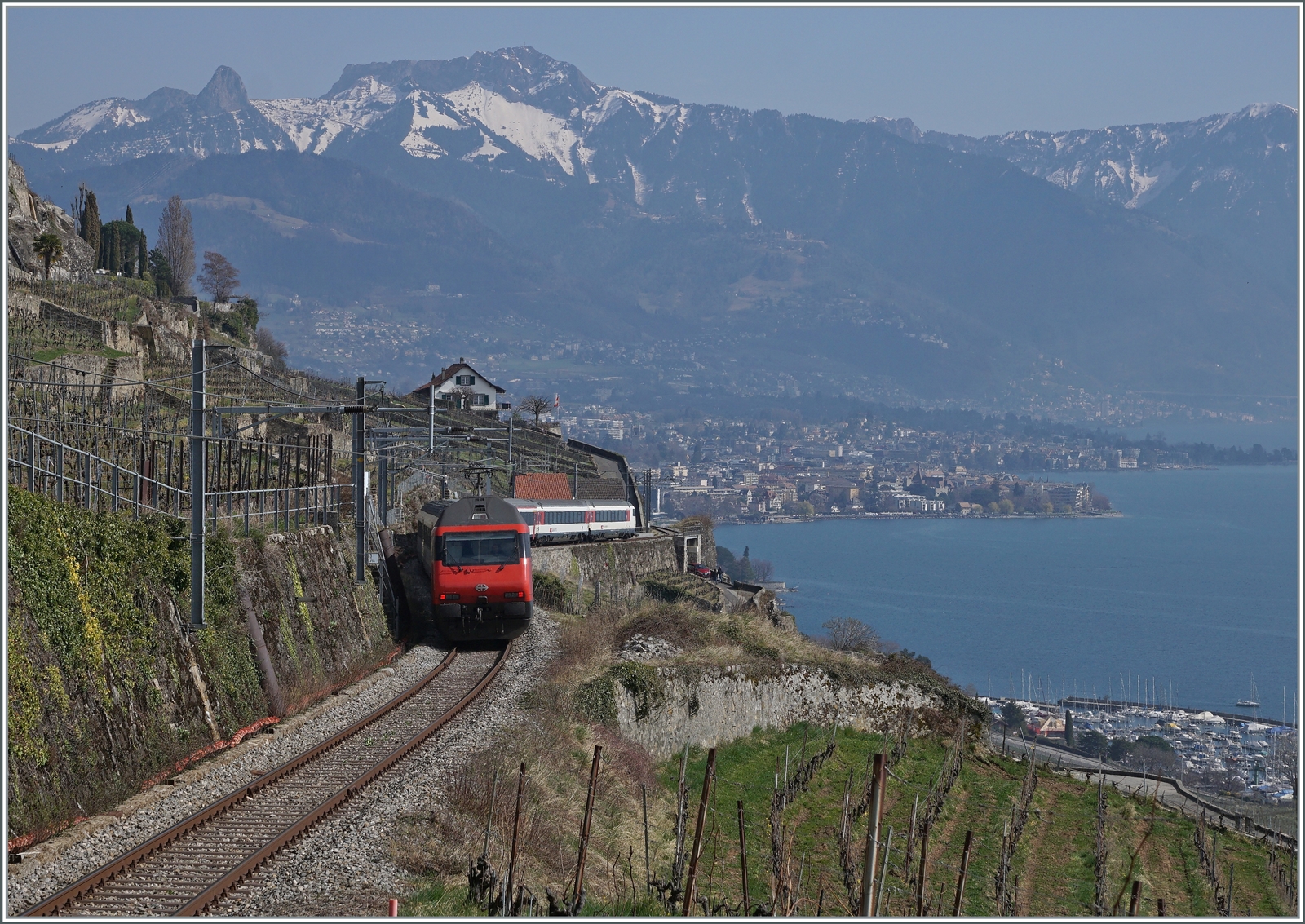 Infolge Bauarbeiten zwischen Vevy und Lausanne wurden die IR/RE via Puidoux umgeleitet, was auf dieser recht steilen Strecke eher ungewöhnliche Aufnahmen langer Züge ermöglichte. ein SBB Re 460 ist mit einem IR oberhalb von St-Saphorin auf dem Weg nach Vevey.

20. März 2022