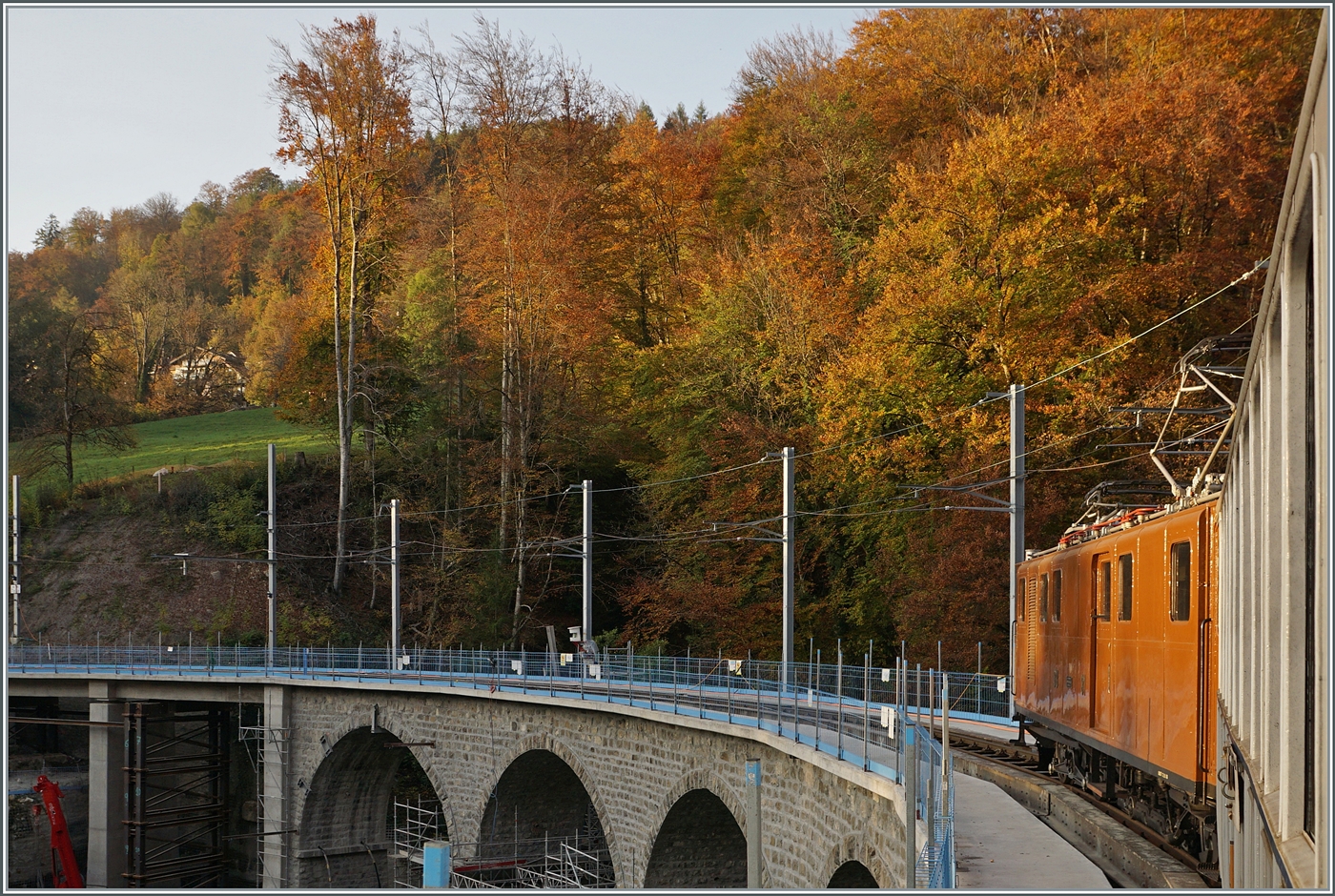La DER de la Saison / Das Saison Ende der Blonay Chamby Bahn 2024 - Seit einigen Jahren zeigt die Blonay Chamby Bahn zum Saison Ende mit einem verdichteten Fahrplan noch einmal ihrer herrlichen Fahrzeuge im Einsatz. Zum Abschluss des Tages gab es für meinen Geschmack den Höhepunkt der Saisonabschlussfeier: Die Bernina RhB Ge 4/4 N° 81; hier auf der Fahrt über den Baye de Clarens Viadukt auf dem Weg nach Blonay.
 
27. Okt. 2024