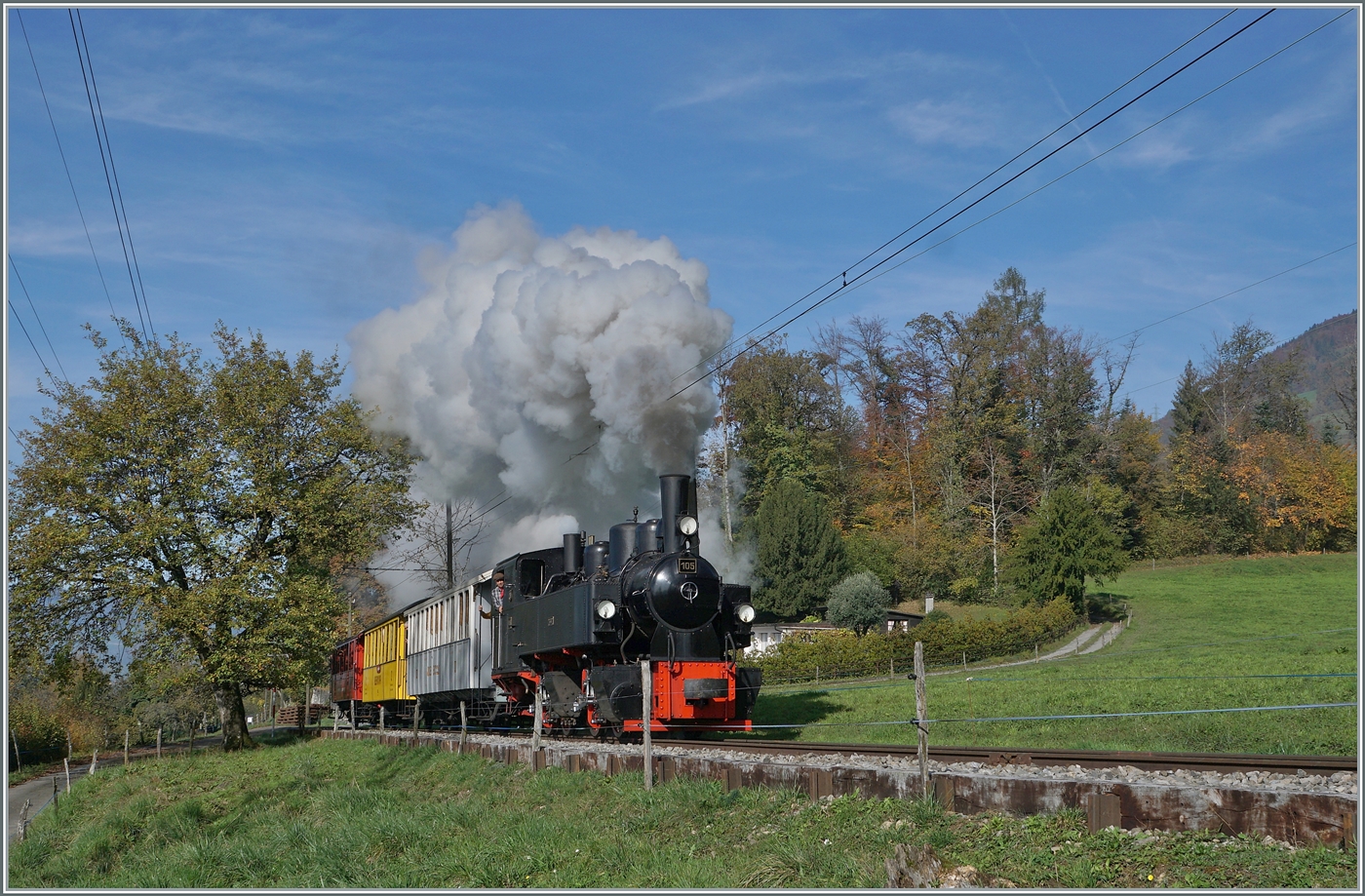 La DER de la Saison / Das Saison Ende der Blonay Chamby Bahn 2024 - Seit einigen Jahren zeigt die Blonay Chamby Bahn zum Saison Ende mit einem verdichteten Fahrplan noch einmal ihrer herrlichen Fahrzeuge im Einsatz. 
Bei herrlichem Licht und mit einer wunderschönen Dampffahne fährt die SEG G 2x 2/2 der Blonay-Chamby Bahn mit dem Riviera Belle Epoque Zug bei Chaulin in Richtung Chamby. 

27. Okt. 2024