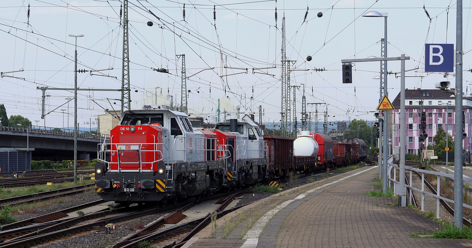 NexRail/DB 114 + 130 mit langem gemischten Güterzug Durchfahrt Koblenz Hbf am 12.08.2025