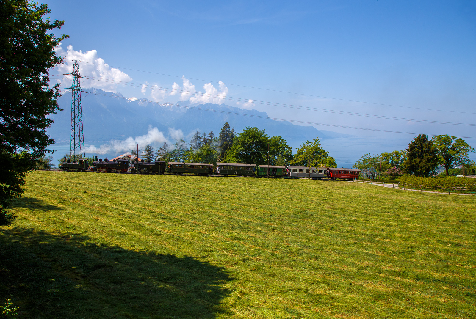 Pfingsten 2023 (Samstag 27. bis Montag 29. Mai 2023) fand bei der Museumsbahn Blonay–Chamby das Schweizer Dampffestival 2023 / Festival suisse de la Vapeur 2023 statt. Hier das Highlight am Samstag den 27.05.2023, die Dreifach-Dampfloktraktion die mit dem Zug von Blonay kommend nun Chaulin erreichen. 

Vorne die G 3/3 LEB N° 5  Bercher , dann die Mallet-Dampflok G 2x2/2 SEG 105  Todtnau“ und die Dampflokomotive für gemischten Adhäsions- und Zahnradbetrieb HG 3/4 ex B.F.D. 3 (Brig–Furka–Disentis-Bahn), ex F.O. 3.
