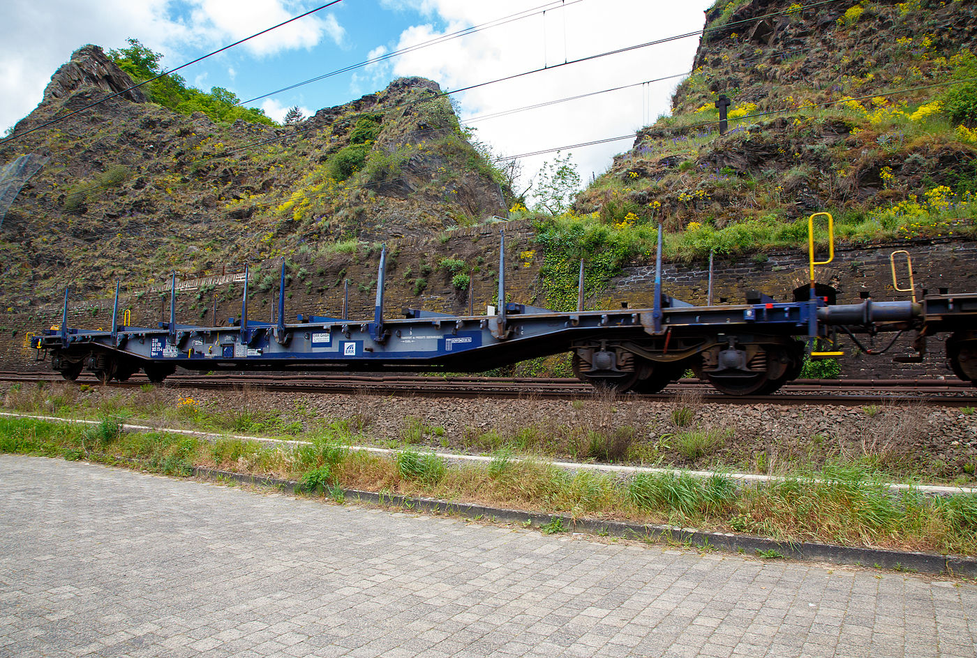 Vierachsiger Drehgestell-Flachwagen, mit Drehungen und Ladeschwellen, ohne Seiten- und Stirnwandklappen, 33 80 3825 173-6 D-ERR der Gattung Rpss-x, der ERR European Rail Rent GmbH am 30.04.2018 im Zugverband bei einer Zugdurchfahrt durch Kobern-Gondorf.
 
TECHNISCHE DATEN:
Spurweite: 1.435 mm (Normalspur)
Anzahl der Achsen: 4 in 2 Drehgestellen
Länge über Puffer: 20.640 mm
Drehzapfenabstand: 15.600 mm
Achsabstand in den Drehgestellen: 1.800 mm
Laufraddurchmesser: 920 mm (neu)
Eigengewicht: 25.300 kg
Ladelänge: 18.400 mm
Ladebreite zw. Rungen: 2.600 mm
Ladefläche: 49,0 m²
Maximale Ladegewicht: 54,7 t (ab Streckenklasse C)
Höchstgeschwindigkeit: 120 km/h 
Kleinster befahrbarer Gleisbogenhalbmesser: R 35 m
Bremse: CH-GP-A (LL)
Bremssohle: IB 116
Intern. Verwendungsfähigkeit:  RIV