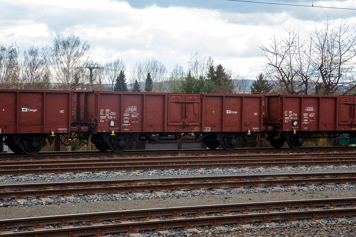 Zweiachsiger offener Wagen (Hochbordwagen), 21 54 5557 539-3 CZ- ČDC Gattung Es 110.8 (entspr. etwa Es 050, ex Gattung Omm 55) der ČDC - České dráhy Cargo, abgestellt am 19.04.2023 beim Bahnhof Mariánské Lázně (Marienbad).

Der Wagen scheint mittels Waggonkippanlage stirnkippbar zu sein, dafür hat er klappbare Stirnklappen.

TECHNISCHE DATEN:
Spurweite: 1.435 mm (Normalspur)
Länge über Puffer: 10.000 mm
Achsabstand: 6.000 mm
Ladelänge:  8.760 mm
Ladehöhe: ca. 1.600 mm
Lichte Türbreite: 1.800 mm
Ladefläche: 24,0 m²
Laderaum:  39,0 m³
Höchstgeschwindigkeit: 100 km/h (beladen) / 120 km/h (leer)
Maximales Ladegewicht: 27,0 t ab Streckenklasse C
Eigengewicht: 12.700 kg
Bremse: DK-GP-A (DAKO)
Handbremse: Nein
Intern. Verwendungsfähigkeit: RIV
