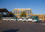   Die beiden gekuppelten Einrichtungs-Kurzgelenktriebwagen (modernisiert) 149  Szeged  und 249 der ViP (Verkehrsbetrieb Potsdam GmbH) vom Typ ČKD Tatra KT4D-MCG verlassen am 19.09.2018 Potsdam