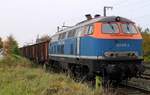NBE 225 079-3 steht mit 28 Eaos Wagen beladen mit D�nger-Kalk abgestellt im Ladegleis im Bhf von J�bek.
