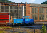 Die Lok 763 der thyssenkrupp Hohenlimburg GmbH, ex 763 Hoesch Hohenlimburg GmbH, ex SK 32 (Siegener Kreisbahn GmbH), am 31.05.2022 auf dem Werksgel�nde in Hagen-Hohenlimburg, aus einem fahrenden Zug