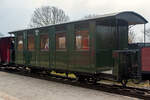 Der zweiachsige meterspurige Personenwagen der Gattung Bi (ex Ci), ex MEG 56 (Mittelbadischen Eisenbahnen AG), am 31 März 2013 beim Kleinbahnmuseum Selfkantbahn der IHS - Interessengemeinschaft