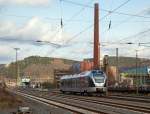  Der ET 22 2102  Kreuztal  (94 80 0426 101-2 D-ABRN / 94 80 0826 101-8 D-ABRN), ex ET 22 002, ein 2-teiliger Stadler FLIRT der Abellio Rail NRW fährt am 06.02.2016, als RB 91  Ruhr-Sieg-Bahn 