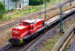 Die 293 006-3 „ALIJAH“ (92 80 1293 006-3 D-FSI) der FSI Logistik GmbH (Bottrop), ex HGB V 100.02 „Nobby“, rangiert am 20.09.2022, mit einem Flachwagenzug (f�r Baudienst) im Rbf
