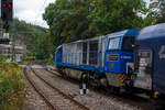 Kurzdrauf und nach einem RB kommt dann am 18 September 2025 im Bahnhof Kirchen/Sieg die zweite Fuhre Coilzug der KSW, es die an die KSW vermietete 272 408-6 / D20 der Bentheimer Eisenbahn AG (92 80