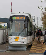 Bombardier pr�sentierte auf der InnoTrans 2014 in Berlin (26.09.2014) seinen Flexity 2, hier ein siebenteiliger Triebwagen f�r die Stra�enbahn Gent (Betreiber Nahverkehrsgesellschaft De Lijn).

Der belgische Betreiber De Lijn bestellt  im August 2012 f�r 128,6 Millionen Euro 48 Fahrzeuge des Typs Flexity 2 f�r die Stra�enbahnnetze Antwerpen und Gent. Dabei handelte es sich zun�chst um 28 f�nfteilige und 10 siebenteilige Einrichtungsfahrzeuge f�r Antwerpen und 10 siebenteilige Zweirichtungsfahrzeuge f�r Gent. Die Fahrzeuge wurden vom belgischen Designer Axel Enthoven mitentworfen und werden als Albatros bezeichnet. Sie sind seit 2015 im Einsatz.

Der Vertrag umfasste auch eine Option auf 40 weitere Fahrzeuge, welche im Fr�hjahr 2015 in eine feste Bestellung umgewandelt wurde. 

