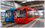   Zwei Adtranz Variobahn 6NGT-LDZ  Zweirichtungs-Niederflurtreibwagen am 25.08.2013 im Hauptbahnhof Chemnitz.