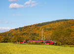   Etwas verdeckt vom Goldenen Oktober - Ein vierteiliger Bombardier Talent 2 der DB Regio als SE 40 Mittelhessen-Express ( Dillenburg - Gießen - Frankfurt Hbf) fährt am 14.10.2017 in