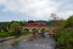   Ein  Alstom Coradia LINT 41 Dieseltriebwagen der DreiLänderBahn als RB 95  Sieg-Dill-Bahn  (Dillenburg-Siegen-Au/Sieg), hier am 10.06.2014 überquert er bei Fürthen die Sieg und
