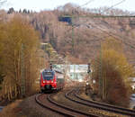   Der vierteilige Bombardier Talent 2 (442 754 / 442 252) der DB Regio NRW fährt am 05.02.2016, als RE 9 (rsx - Rhein-Sieg-Express) Siegen - Köln - Aachen, vom Wissen/Sieg weiter in Richtung