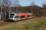 Die Hellertalbahn (mit Stadler GTW 2/6) am 24.03.2011 kurz nach dem Haltepunkt Neunkiirchen-Stuth�tten f�hrt Richtung Neunkirchen.