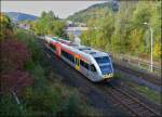 Ein Stadler GTW 2/6 der Hellertalbahn verl�sst am 14.10.2012 den Bahnhof von Herdorf in Richtung Dillenburg.