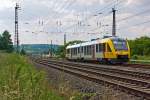   Der VT 280 (95 80 0648 020-5 D-HEB / 95 80 0648 520-4 D-HEB) ein LINT 41 der HLB (Hessische Landesbahn) f�hrt am 02.06.2014 von Dutenhofen weiter in Richtung Gie�en.