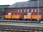 Die zwei MaK G 763 C der Kreisbahn Siegen-Wittgenstein GmbH stehen am 16.05.2008 (noch) in Siegen-Eintracht.