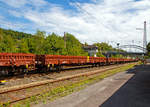  4-achsiger Drehgestell-Flachwagen mit Seitenborden, Stirnw�nden und Stahlfu�boden, der Gattung Res-x 679.1, UIC-Nr.